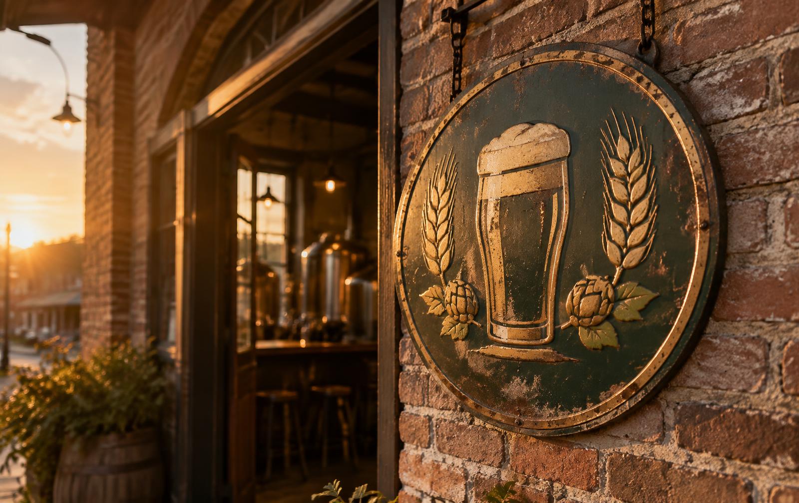 Embossed tin tacker sign on a brewery wall at sunset